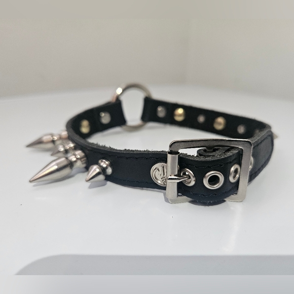 Collar Necklace Leather With Spikes, Ring, Buckle - Picture 3 of 11